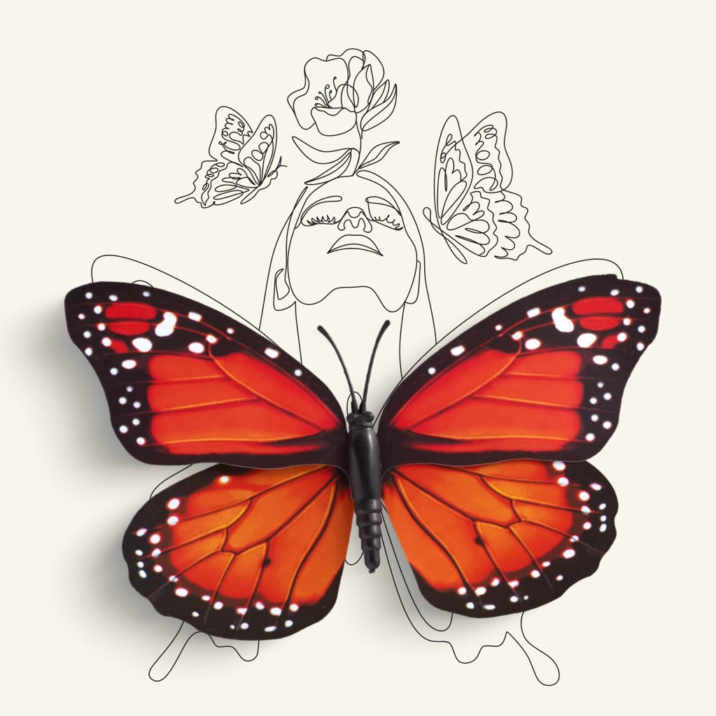 Minimal line art red orange butterfly